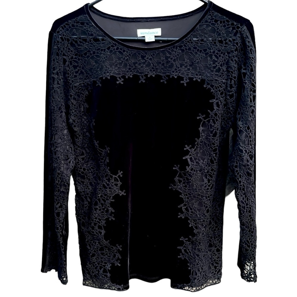 EUC Sundance Velvet Crochet Lace Long Sleeve Top Black Size Small